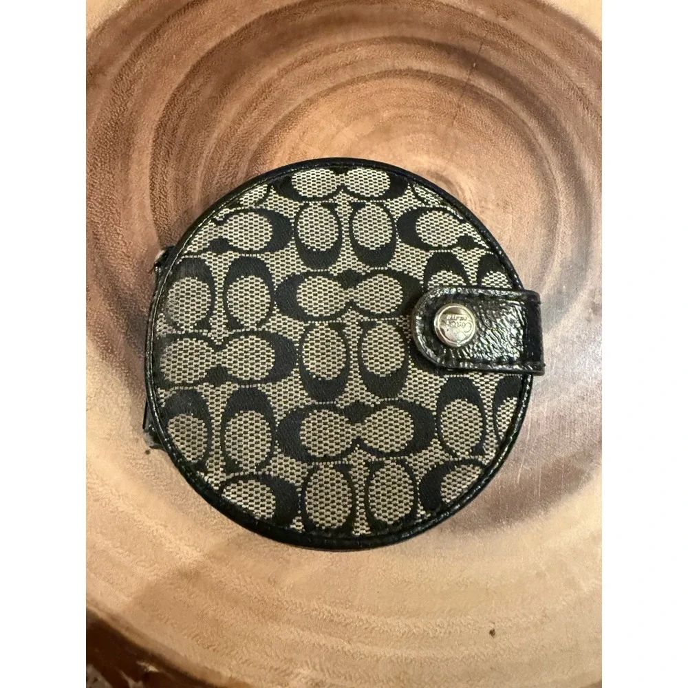 Vintage Coach Round Monogram Black Canvas Compact Double Folding Mirror Rare